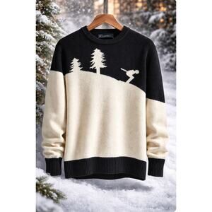 GAP Wool Blend Sweater Unisex Small Black Ivory Winter Ski Scenic Crewneck